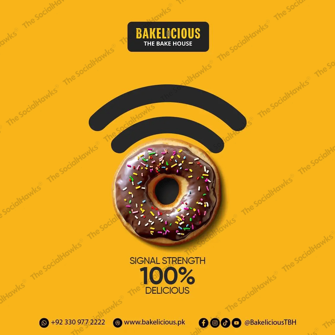 Bakelicious signal strength creative with chocolate donut as WiFi icon on yellow background